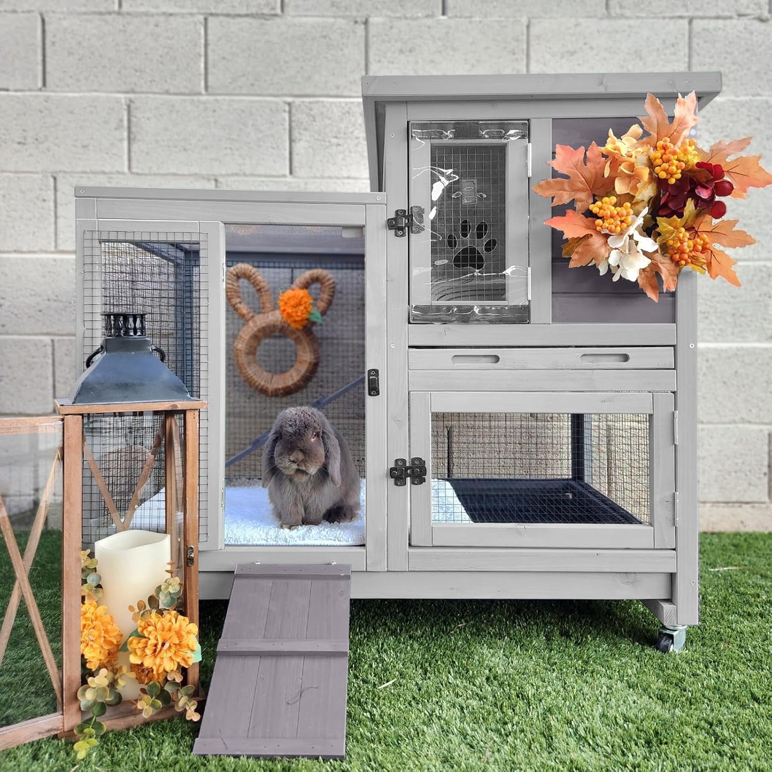 Aivituvin Rabbit Hutch, Indoor Bunny Cage with Run Outdoor Rabbit House with Two Deeper No Leak Trays Light Gray