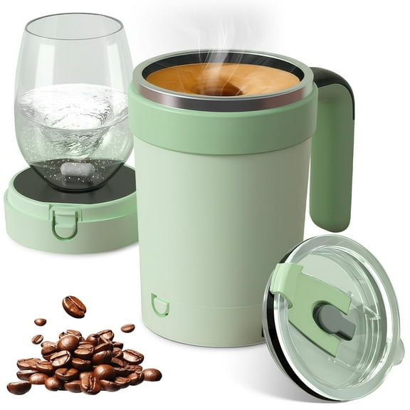 Self-Stirring Coffee Mug 12oz – Electric & Rechargeable with Magnetic Stirring, Temperature Display, Lid – BPA-Free, Auto Mixing for Hot/Cold Drinks (Green)