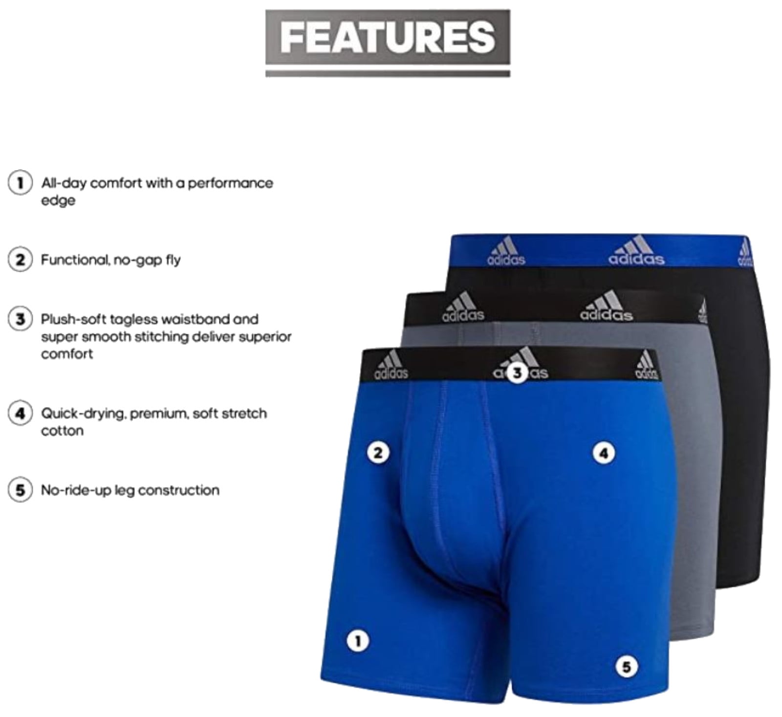 ADIDAS Performance Underwear 3 Pack Quick-Dry Fabric Size L Boxer Brief