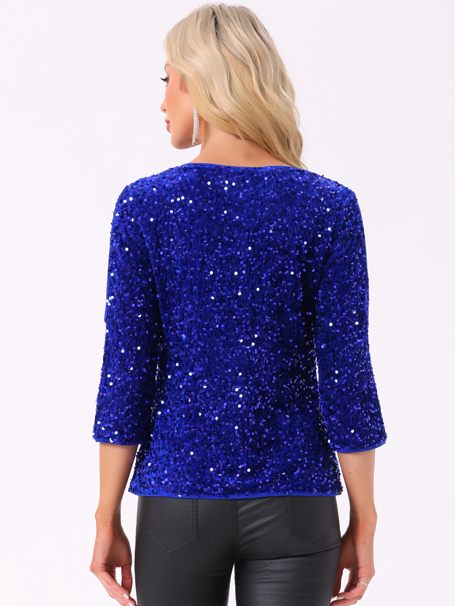 DARING DIVA Women's Sparkle Sequin Velvet Cut Out Half Sleeve Blouse L Dark Blue