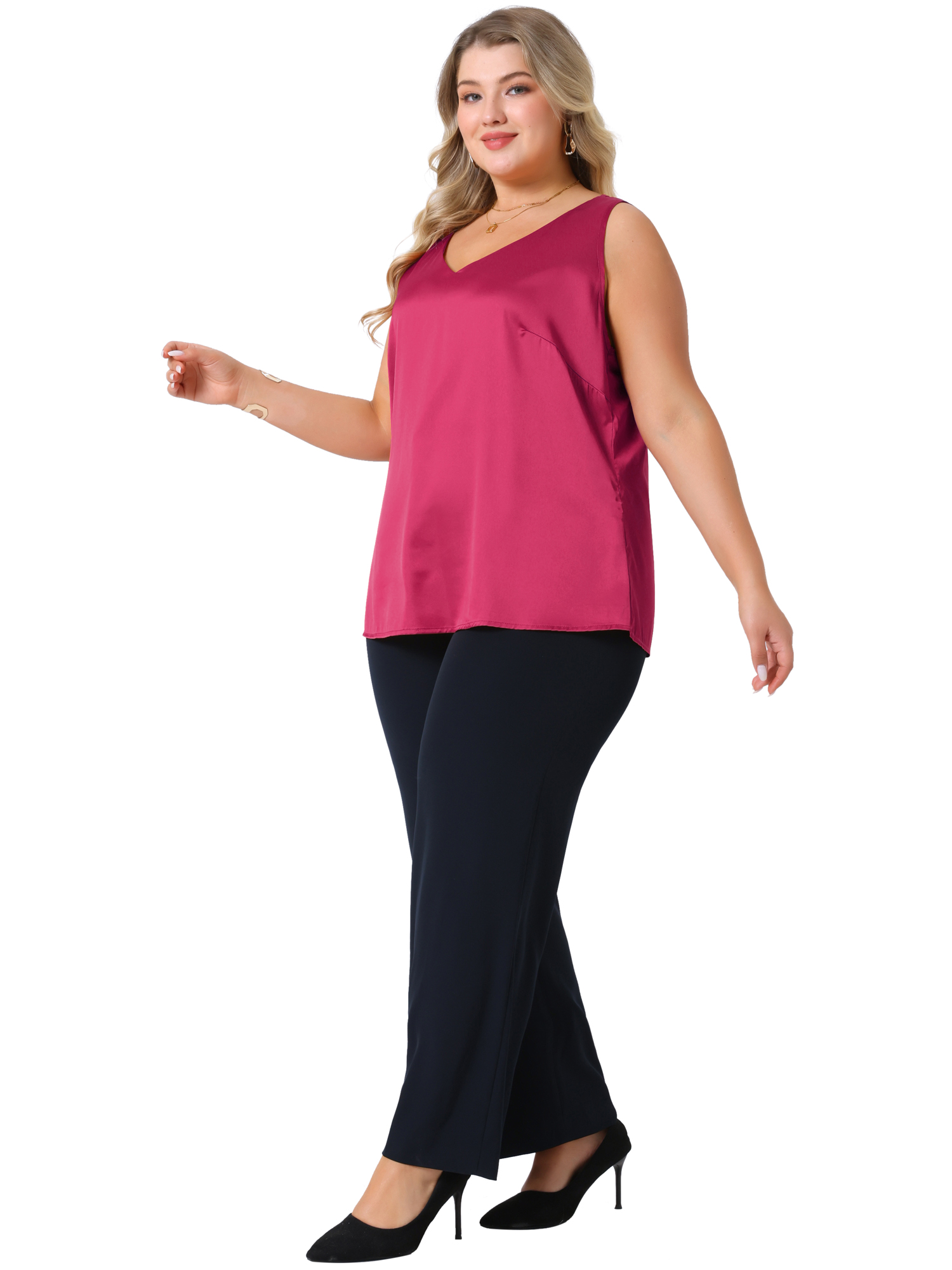 DARING DIVA Women's Plus Casual Silk Satin Tank Top V Neck Cami Blouse 3X Brick Red