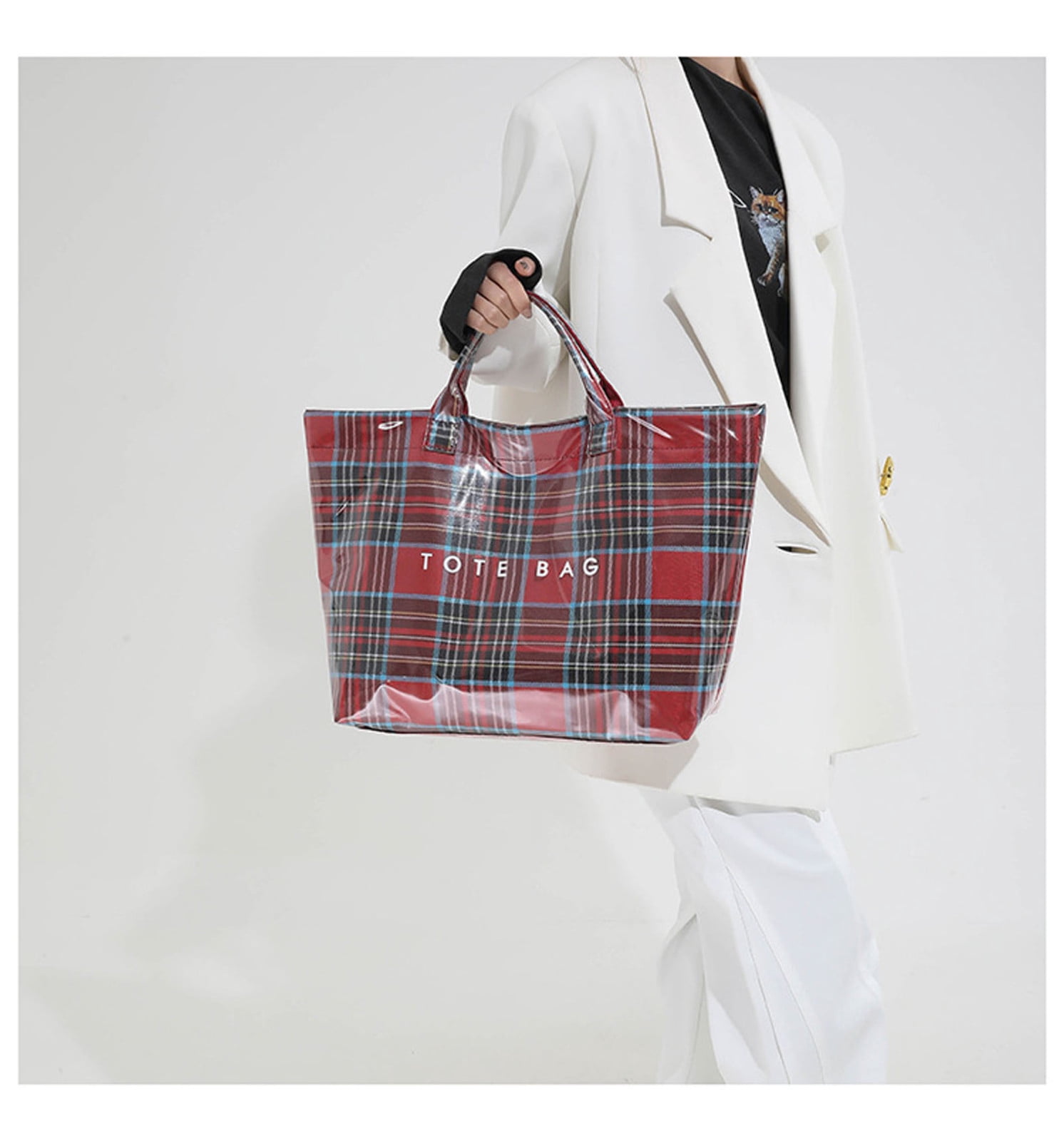 Comefolife Christmas Red Plaid PVC Tote Bag for Women Vintage Christmas Buffalo Check Tote Bag Plastic Handbag
