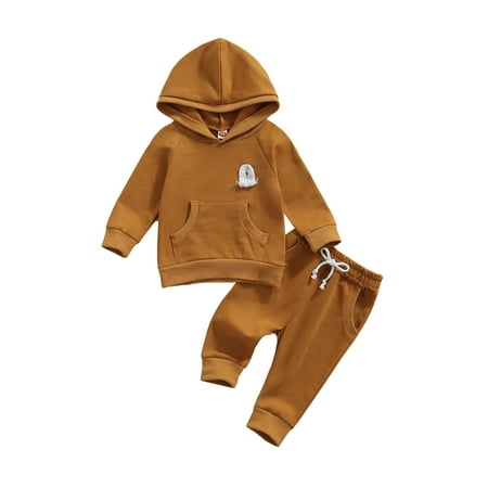 

Fanvereka Baby Hooded Solid Color Sweater + Pants Big Pocket Decoration Elastic Waist