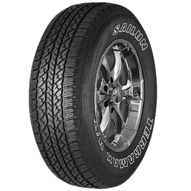 llanta 245/70r16 sailun terramax h/t 107t neumático negro 3/4 frontal montado en rin cromado; banda de rodamiento asimétrica con canales longitudinales y bloques escalonados, flanco con leyendas SAILUN y TERRAMAX; diseñada para camionetas y uso carretera/terreno ligero, a menudo usada para reemplazo en rines 16.