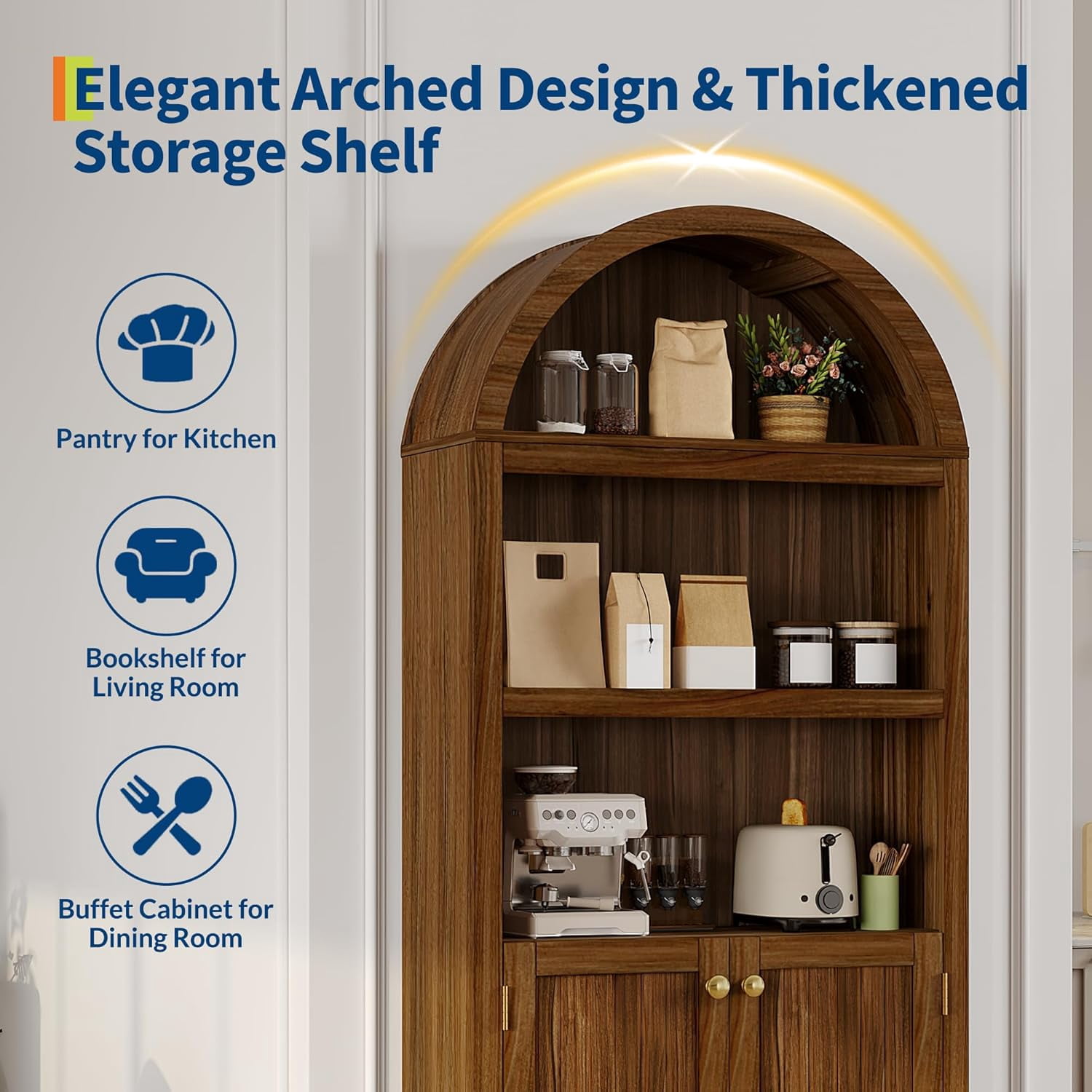 Shininglove 72" Arched Storage Cabinet – 5-Shelf Kitchen Pantry & Bookcase with Doors, Adjustable Shelves
