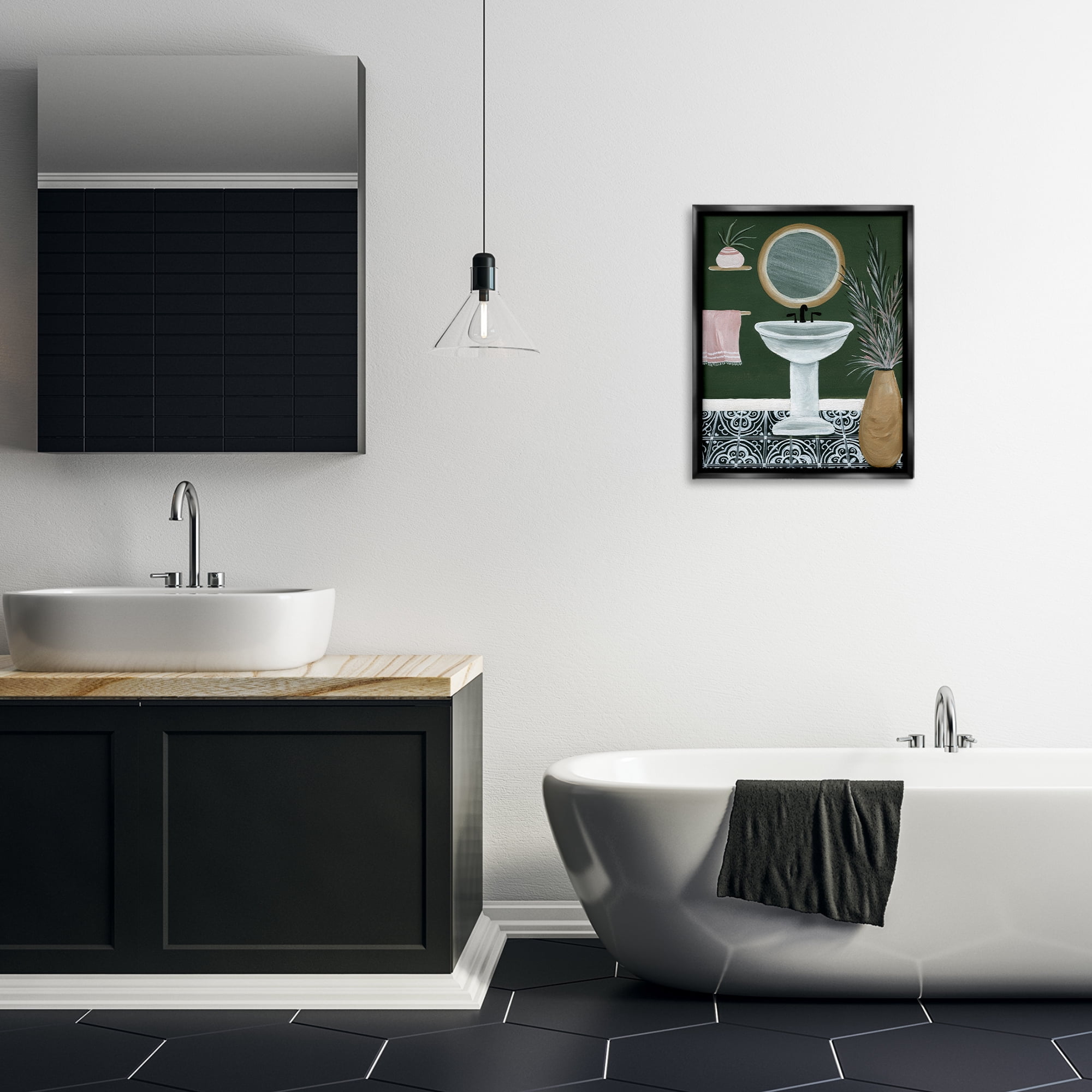 Stupell Industries Chic Green Bathroom Typography Painting Black Floater Framed Canvas Art Print Wall Art, 17 x 21