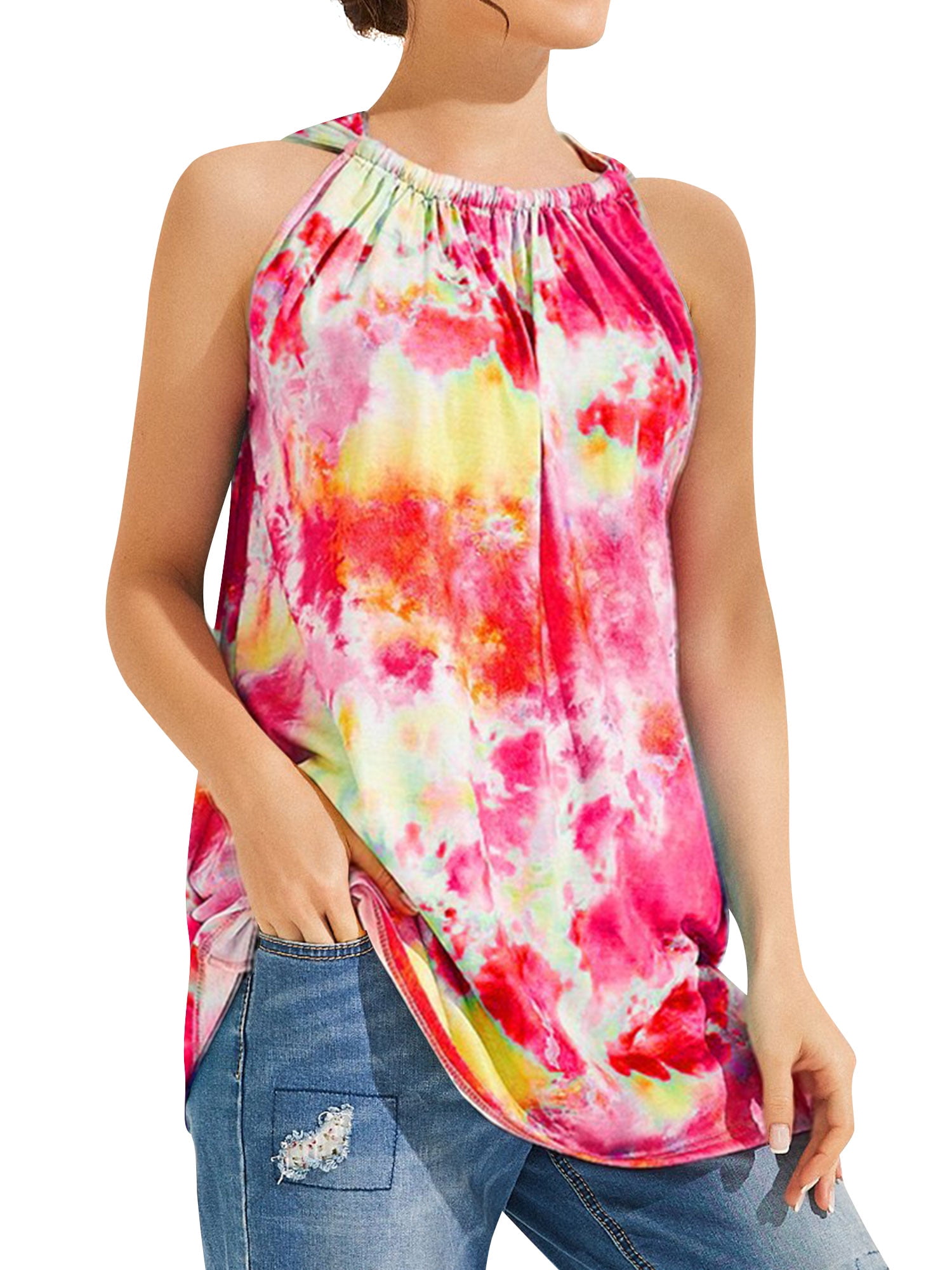 Nlife Women Tie Dyed Printed Halter Neck Sleeveless Pullover Tank Tops 