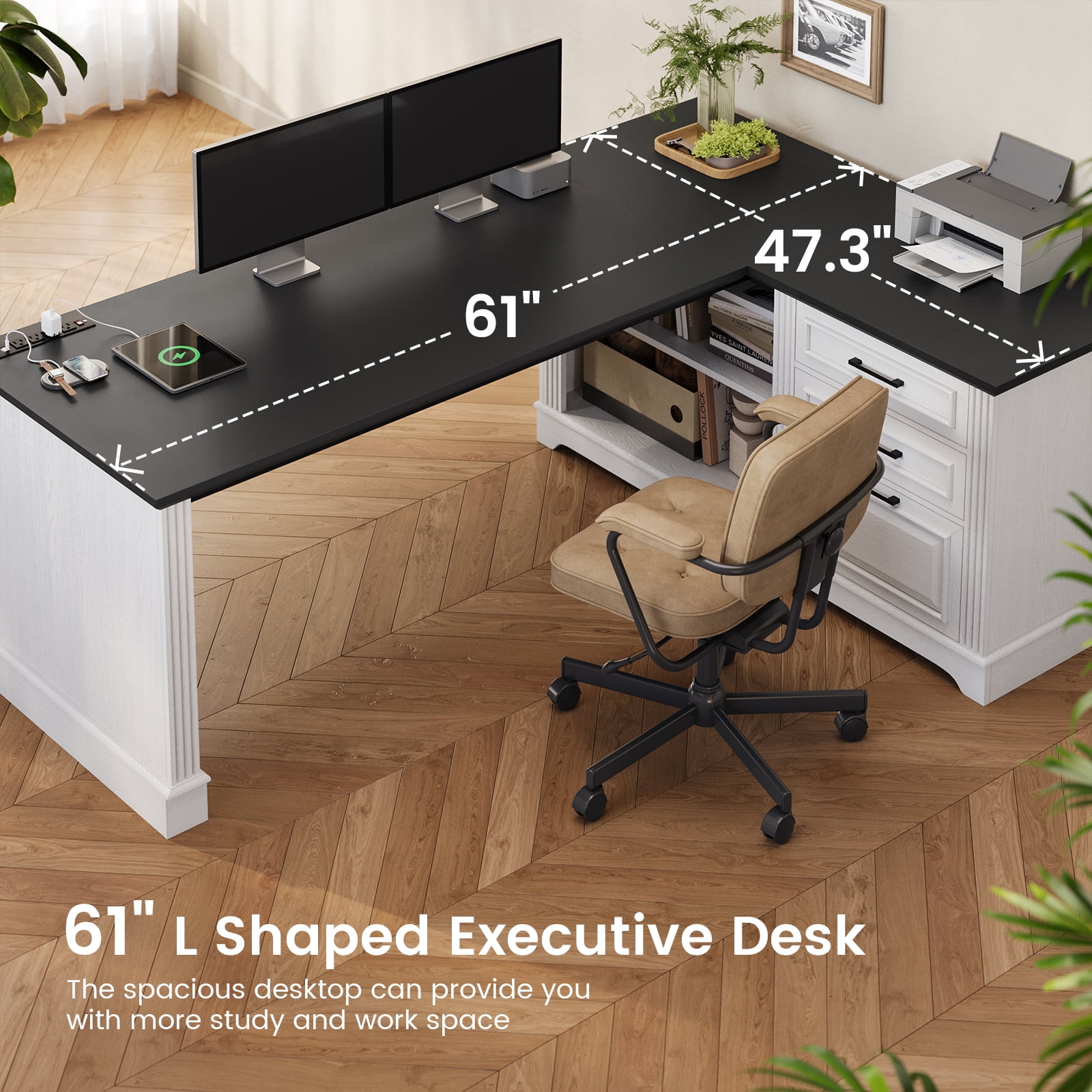 SEDETA Farmhouse L Shaped Desk with Storage, Home Office Desk with Power Outlets, Drawer, File Drawer & 2-Tier Open Shelves, Elegant Corner Computer Desk, PC Large Wood Workstation, White & Black Top