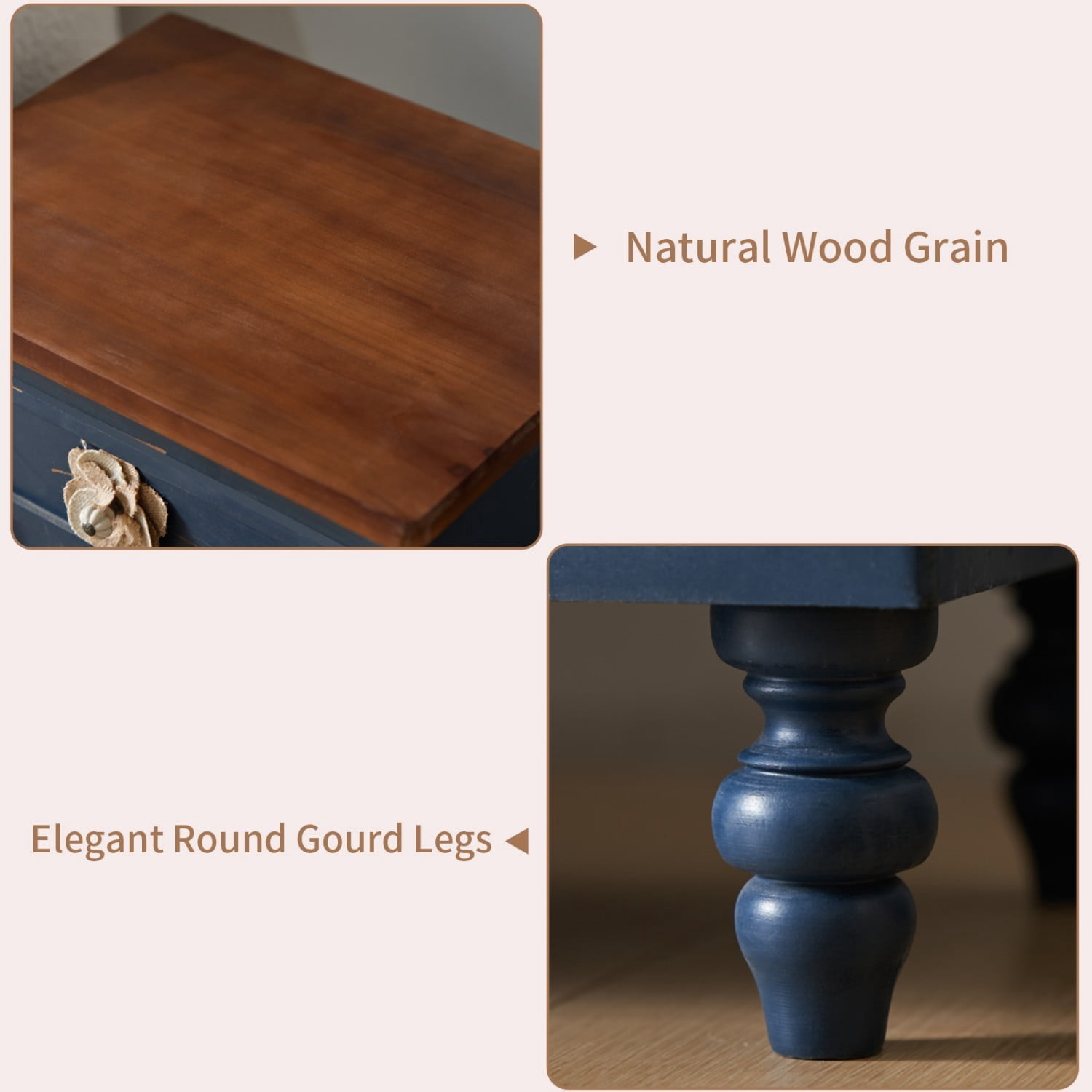 Vintage Farmhouse Nightstand, 3 Drawer Rustic End Table with Floral Knobs and Gourd Legs, Distressed Antique Blue Bedside Storage Cabinet for Bedroom Living Room
