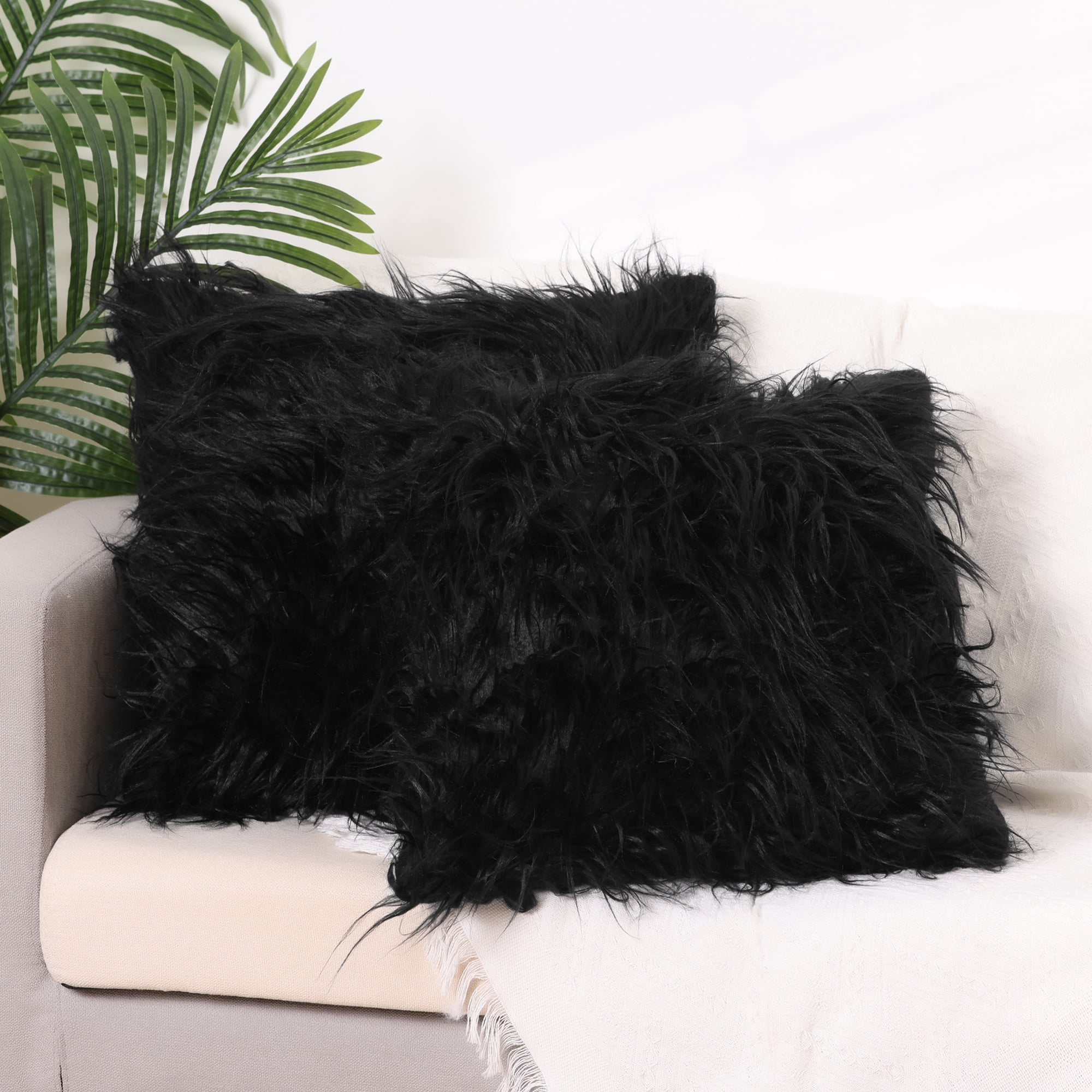 Unique Bargains Faux Fluffy Zipper Closure Cushion Covers Throw Pillow Covers (2 Count) Black 18" x 18"