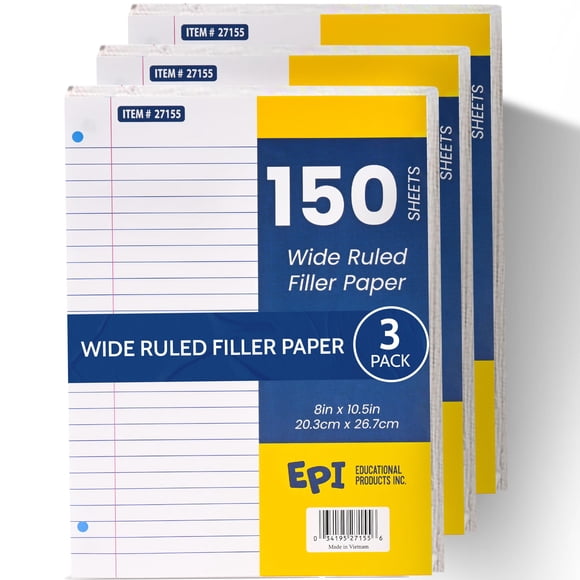 Papel rayado EPI de línea ancha 20 x 27 cm, 150 hojas, paquete de 3