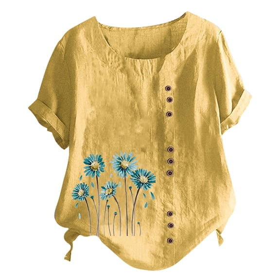 Dyegold Women Cotton Linen Shirts Tops Crew Neck Short Sleeve Basic Tunic Summer Casual Linen Plus Size Shirts Tee Blouse