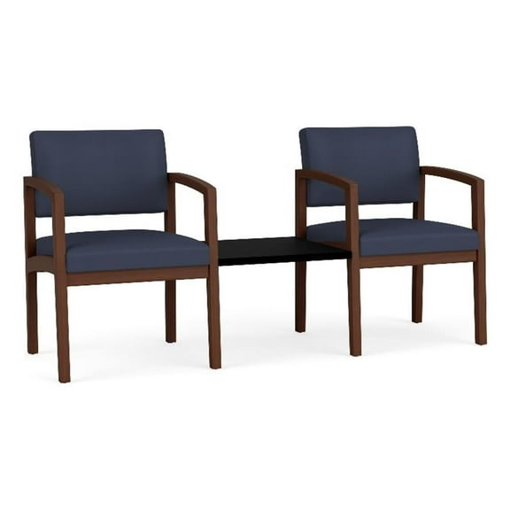 Lenox Wood Reception Waiting Room Healthcare 2-Seat Tandem / Walnut Wood / Blue