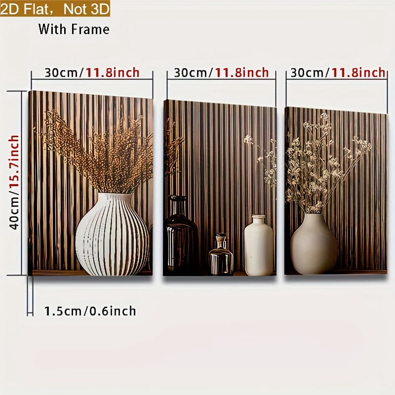2D Flat Framed 2D Planes, Three 2D Planes Printed in a Modern Wooden Style Featuring Easy Potted Plant Landscapes, Framed Canvas Paintings And Posters, Ready to Hang, Home Decor