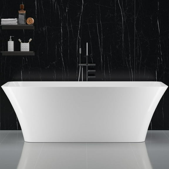 Hupicker 60" Freestanding Bathtub, White Acrylic Streamline Stand Alone Soaking Bath Tubs for Adult with Overflow and Drain in Chrome, cUPC Certified, Perfect for Your Bathroom-Trapezoid