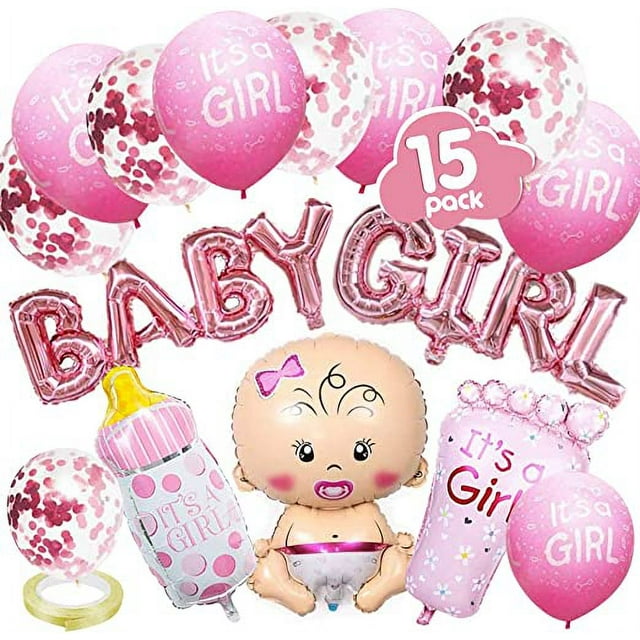 Niña - Decoración rosa para baby shower con exhibición de género con globo de niña / pancarta de globo de niña / globo de confeti / es un globo de niña / biberón, globo de helio para pies / cinta