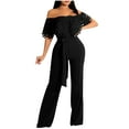 thumbnail image 1 of Birdeem Womens Spring and Summer Solid Color off Shoulder Hollow Lace Ruffle Edge Waist Tie Up Jumpsuit, 1 of 1