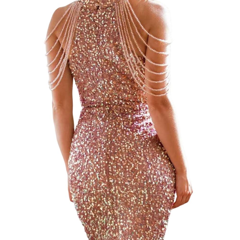 Short Sexy Halter Dress Tie Waist Wraparound Glittering Dresses for