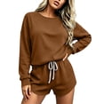 thumbnail image 4 of Women Raglan Crew Neck Long Sleeve Sweatshirt Drawstring Shorts 2 Piece Athletic Workout Outfit Sets Brown L, 4 of 6