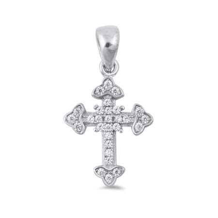 - Petite Budded Cross CZ Sterling Silver Necklace, Christian With Jewelry Gift Bag