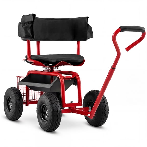 Costway Rolling Garden Cart Height Adjustable Scooter with Swivel Seat & Tool Storage Red