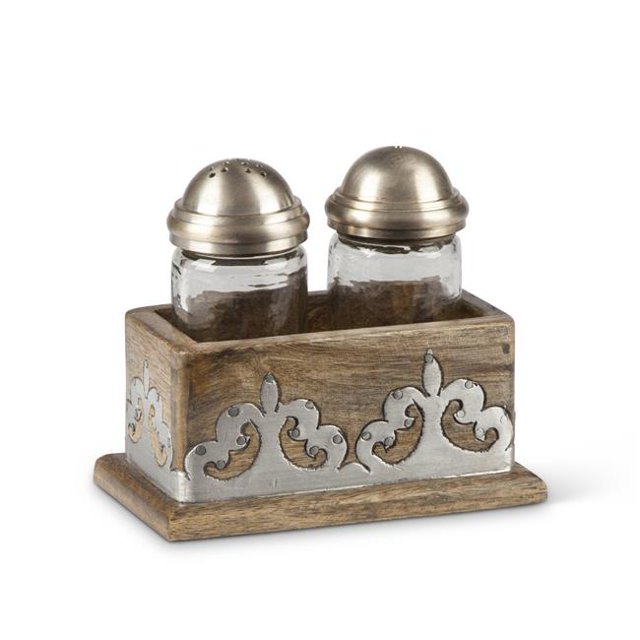 GG Collection 93231 Heritage Collection Wood & Metal Inlay Salt & Pepper Set, Brown