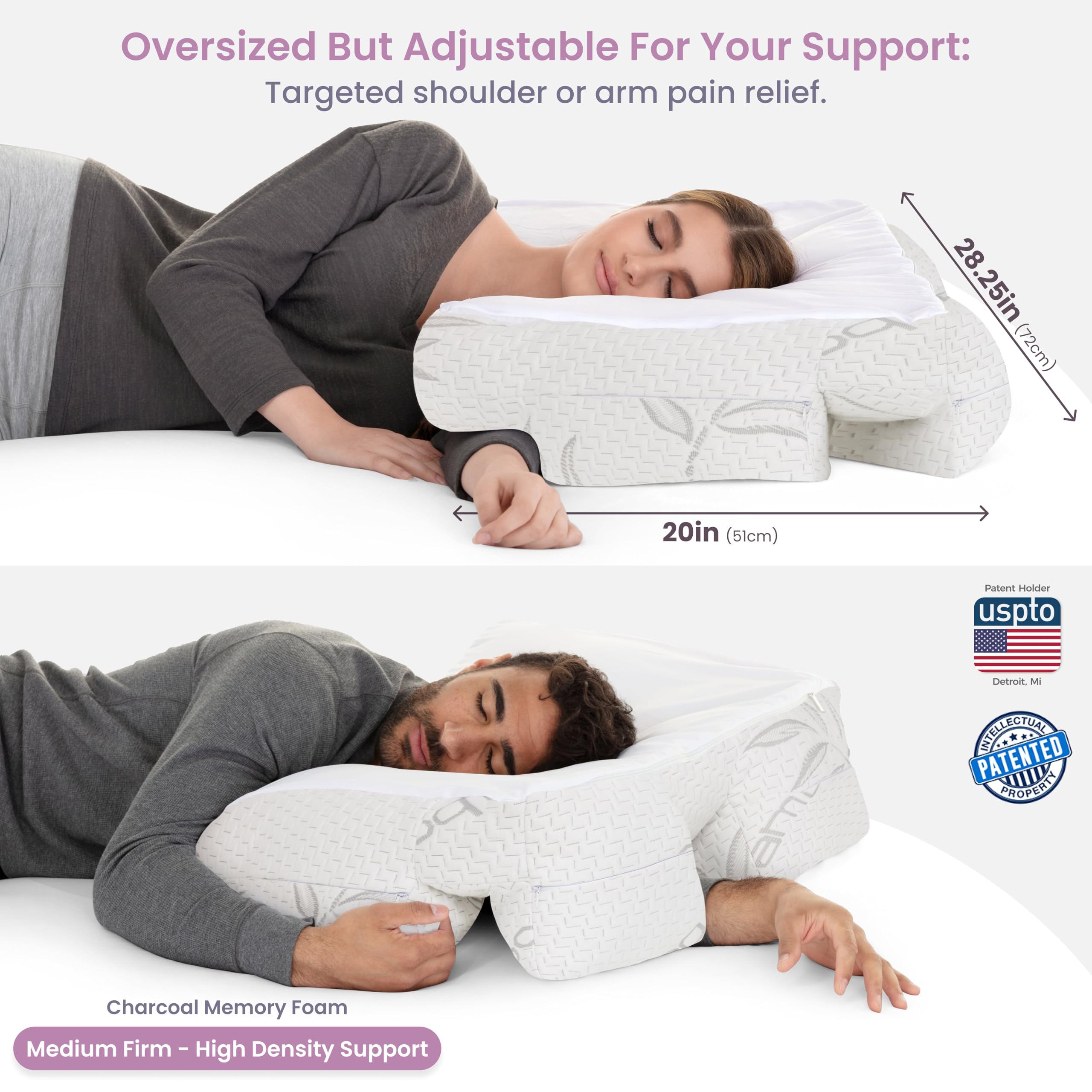 Adjustable Side Sleeper Pillow with Arm Tunnels for Shoulder Pain, Rotator Cuff Support, Arm & Shoulder Relief - Pressure-Free Sleep Pillow for Adults - Charcoal Shredded Memory Foam