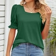 thumbnail image 5 of Women's Elegant Blouses Short Sleeve Elastic Ruffled Shrug Shoulder Square Neck Shirts Tunic Tops Solid T-shirts 2025 Green,M, 5 of 6