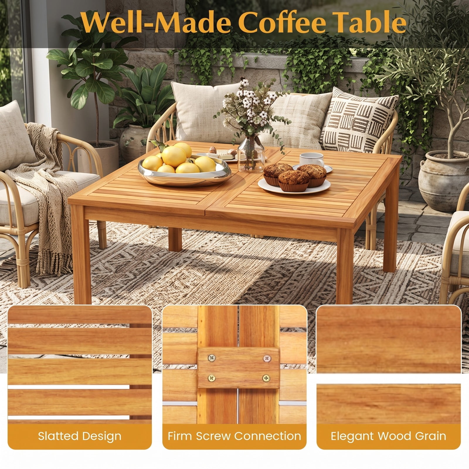 Furnibear 35.5 Inch Square Acacia Wood Patio Coffee Table with Slatted Draining Top for Backyard Poolside and Balcony, Natural