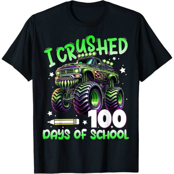 I Crushed 100 Days of School Truck 100th Day of School Boys T-Shirt, Back To School T-Shirt for Kids, Black, 180gsm, 100% Cotton