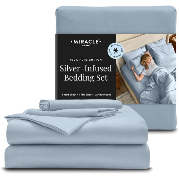 Miracle Made Cotton Queen Bed Sheets, 4 Piece Queen Sheet Set, Silver-Treated Cooling Sheets, Breathable Lightweight for Hot Sleeper, Sky Blue