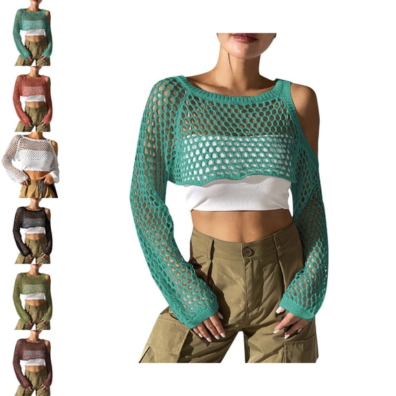 Womens Swim Coverup Pullover Green Crochet Cropped Top Beach Vacation Outfits for Women