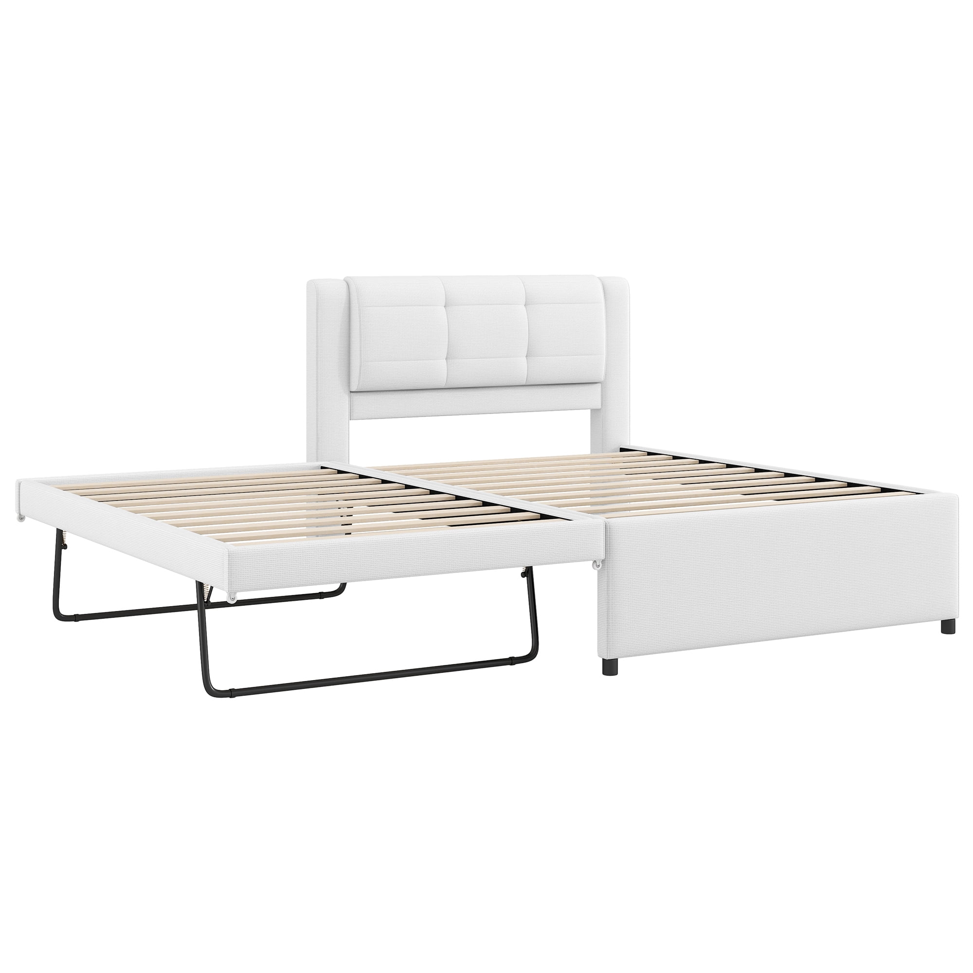 Euroco Upholstered Twin Platform Bed with Pop-up Twin Trundle for Bedroom, 2 Beds in One, Beige