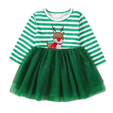 

nsendm Sweater for Kids Girls Infant Girls Child Long Sleeve Deer Prints Tulle Dresses Toddler Princess Lass Dress Green 2-3 Years