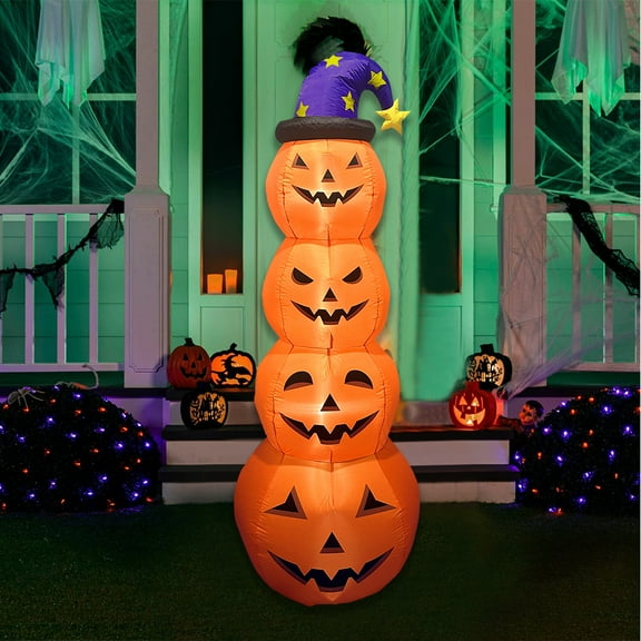 8ft Inflatable Stacked Pumpkins Decorations with Witch Hat, Giant Halloween Blow Up Inflatable Pumpkin Decor Built-in LEDs for Holiday Party Indoor, Outdoor, Yard, Garden, Lawn Decoration