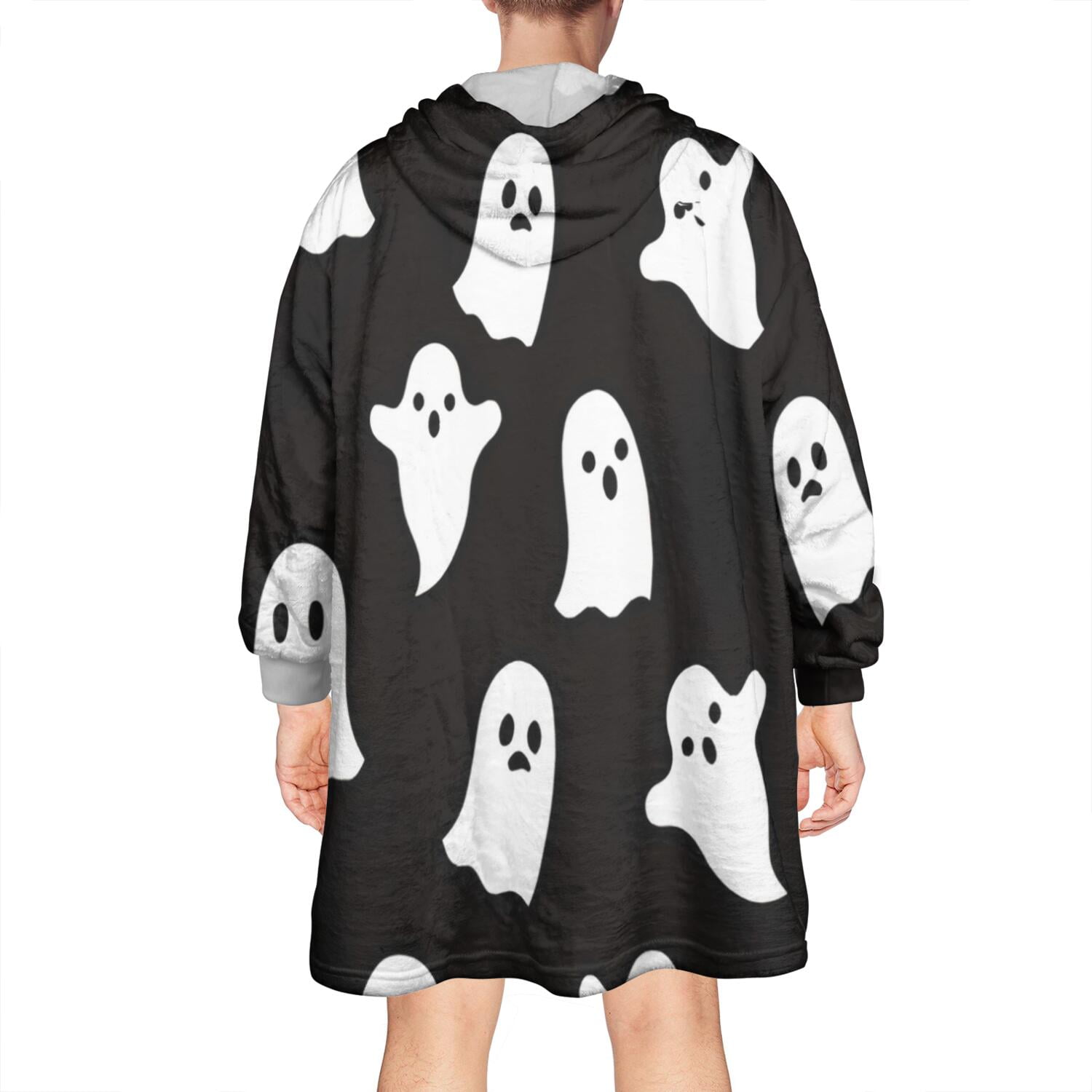 Wearable Oversized Blanket,Black Halloween Ghosts Wearable Blanket Hoodie for Adults,Cozy Hooded Blankets with Super Pockets,Super Warm Fuzzy Pullover for Women & Men