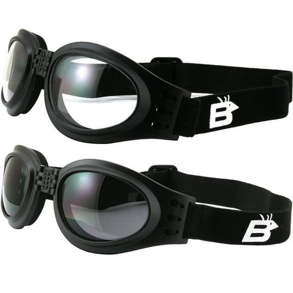2 Pairs of Birdz Eyewear Parrot Black Folding Padded Motorcycle Goggles Clear & Smoke Lenses for Men & Women