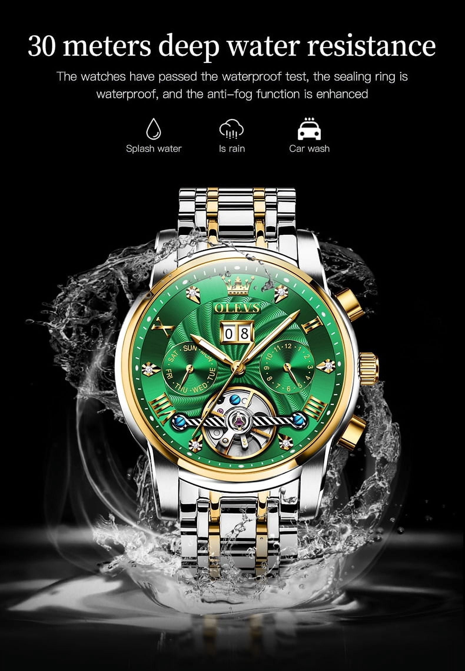 OLEVS Watch for Men Automatic Skeleton Tourbillon Mechanical Self Winding Business Luxury Dual Calendar Stainless Steel Luminous Waterproof Man Wrist Watches Green Dial