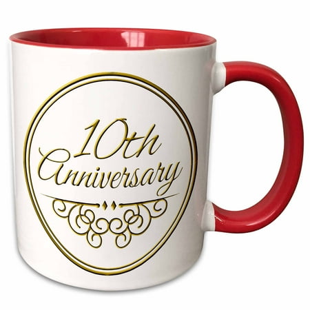 3dRose 10th Anniversary gift - gold text for celebrating wedding anniversaries 10 tenth ten years together - Two Tone Red Mug, (Best 10 Year Anniversary Gifts)