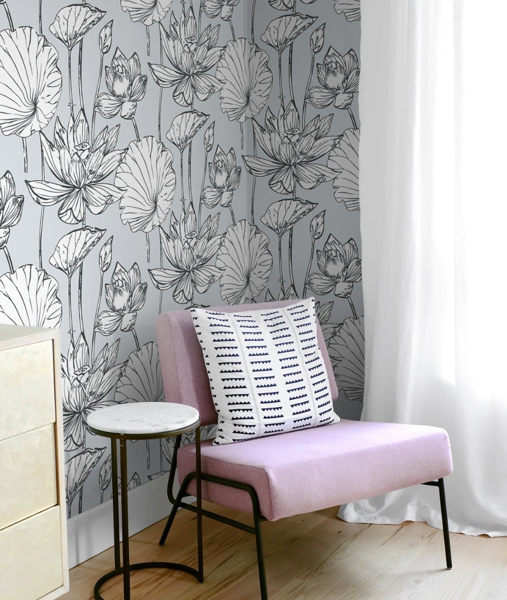 NextWall Gray & Ebony Lotus Floral Peel and Stick Wallpaper