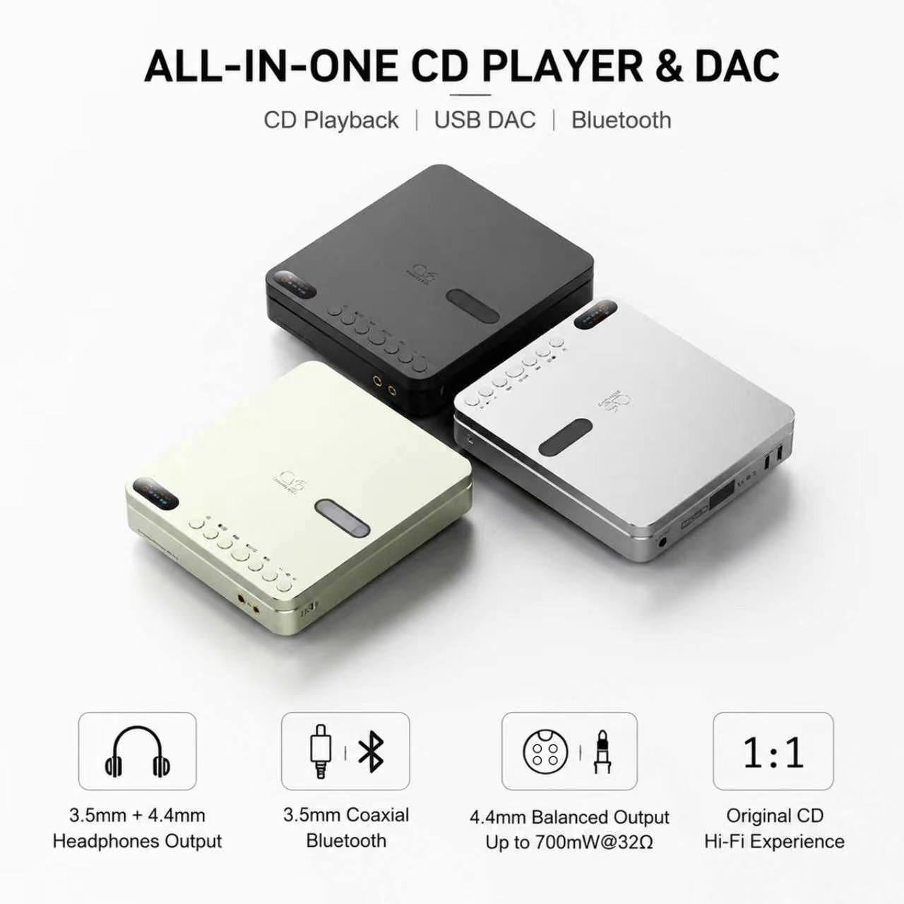 SHANLING EC Play Portable HiFi CD Player,USB DAC,CS43198 DAC+Dual SGM8262,384kHz/32bit,DSD256,Bluetooth 6.0,LDAC,Up to 700mW@32Ω Output,3.5mm+4.4mm Headphone Output,Coaxial,1.12-in Screen Silver