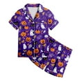 thumbnail image 4 of Kakishop Girls Pajama Sets Girls Satin Pajama Set Halloween Pumpkin Ghost Print Shirts and Shorts Short Sleeve Button Soft 2 Piece Outfits,Purple, 4 of 4