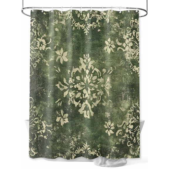 Green Light Yellow Boho Shower Curtain, Ethnic Oriental Floral Vintage Retro Waterproof Shower Curtain Set with 12 Hooks Lightweight Washable Fabric Shower Curtains for Bathroom 48x72 Inches
