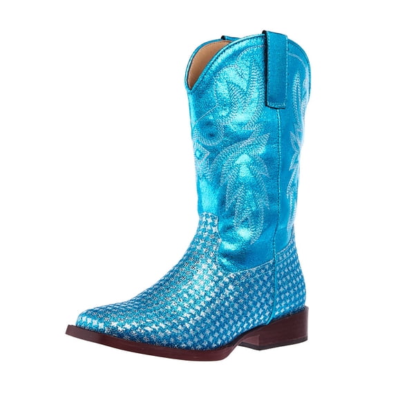 Roper Footwear Boys Roper Childrens Glitter Gleam Turquoise Checkered Cowgirl Boot 1 M Blue