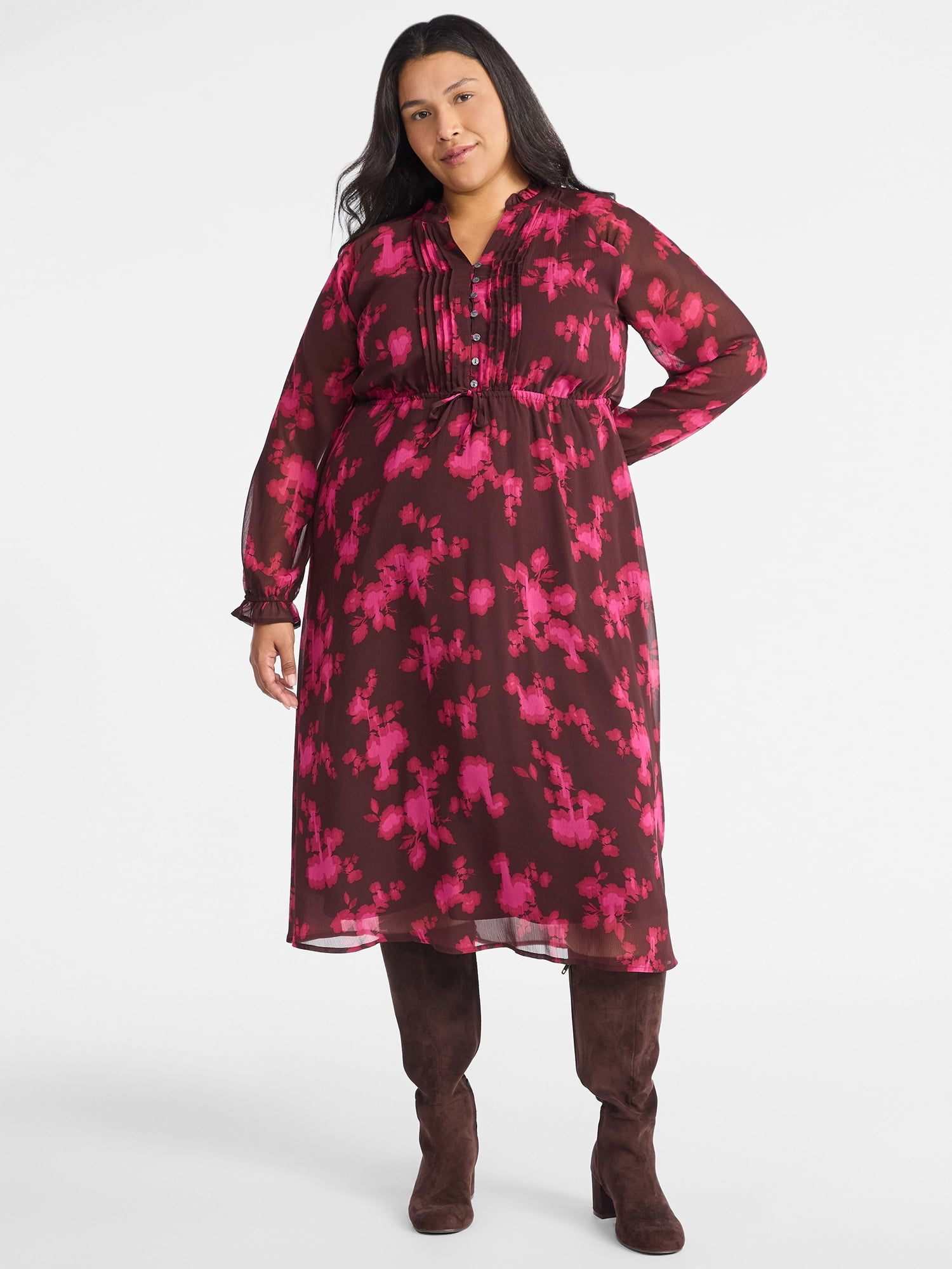 Time and Tru Women's Pintuck Midi Dress with Long Sleeves, Sizes XS-XXXL