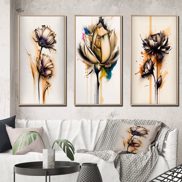 Designart "Orange Gerbera on Abstract Fusion II" Floral & Botanical Framed Wall Art Set Of 3 - Orange Gerbera Frame Gallery Wall Set For Home Decor