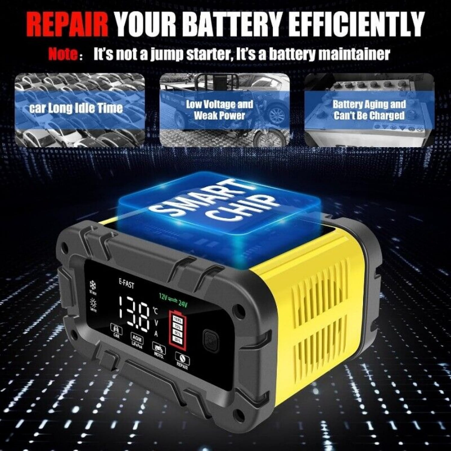 20A E-FAST Smart Car Battery Charger 12V/24V Auto Trickle Maintainer for Truck LiFePO4