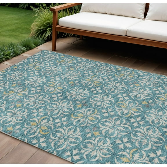 HomeRoots 595994 8 x 10 ft. Teal Blue, Gray & Gold Floral Washable Indoor & Outdoor Rectangle Area Rug