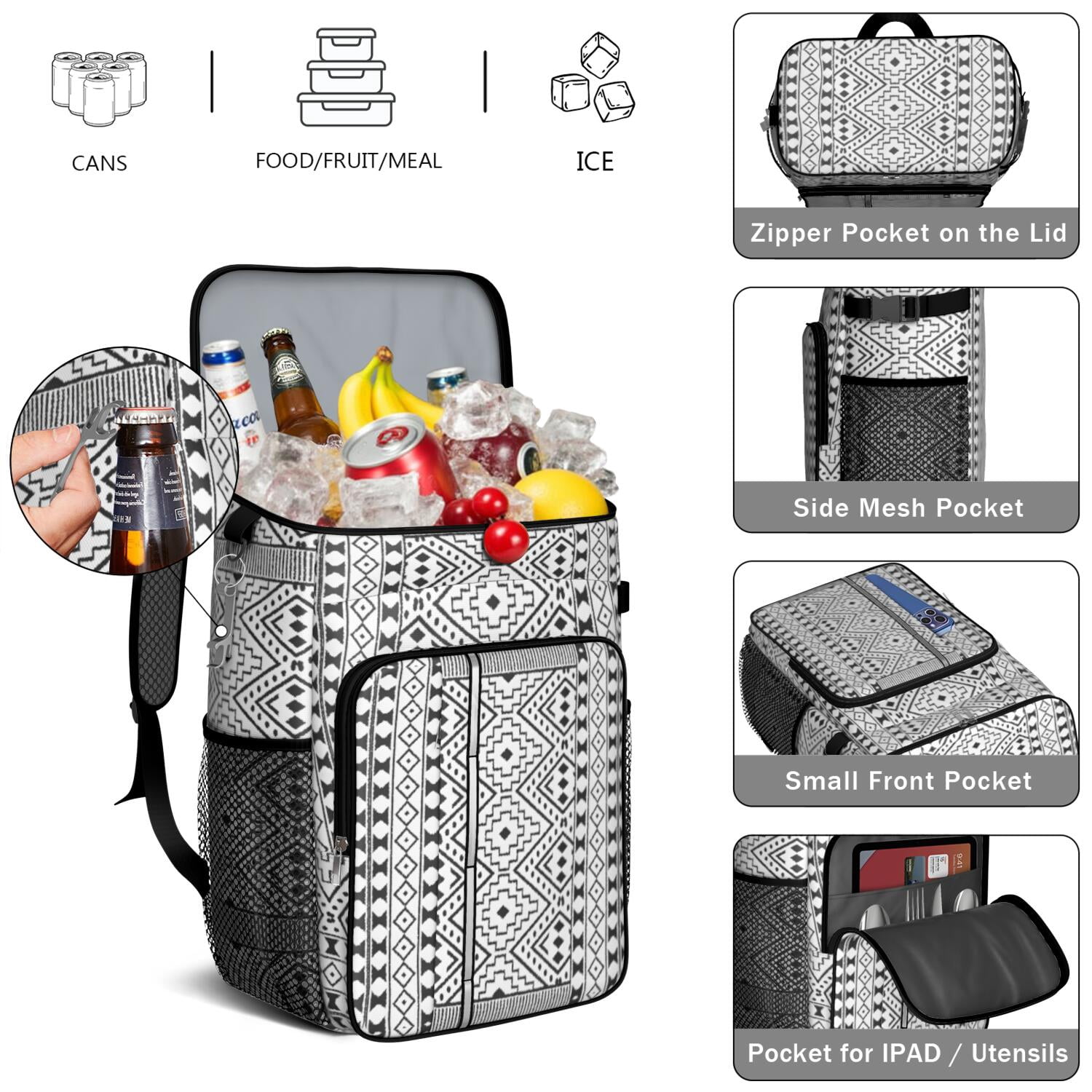 Travel Cooler Bag - Boho Bohemia Pioneer Flower Geometric Line Art Camping Beer Cooler Backpack with Bottle Opener- Waterproof Insulated Picnic Backpacks - Cooler Bag for Beach