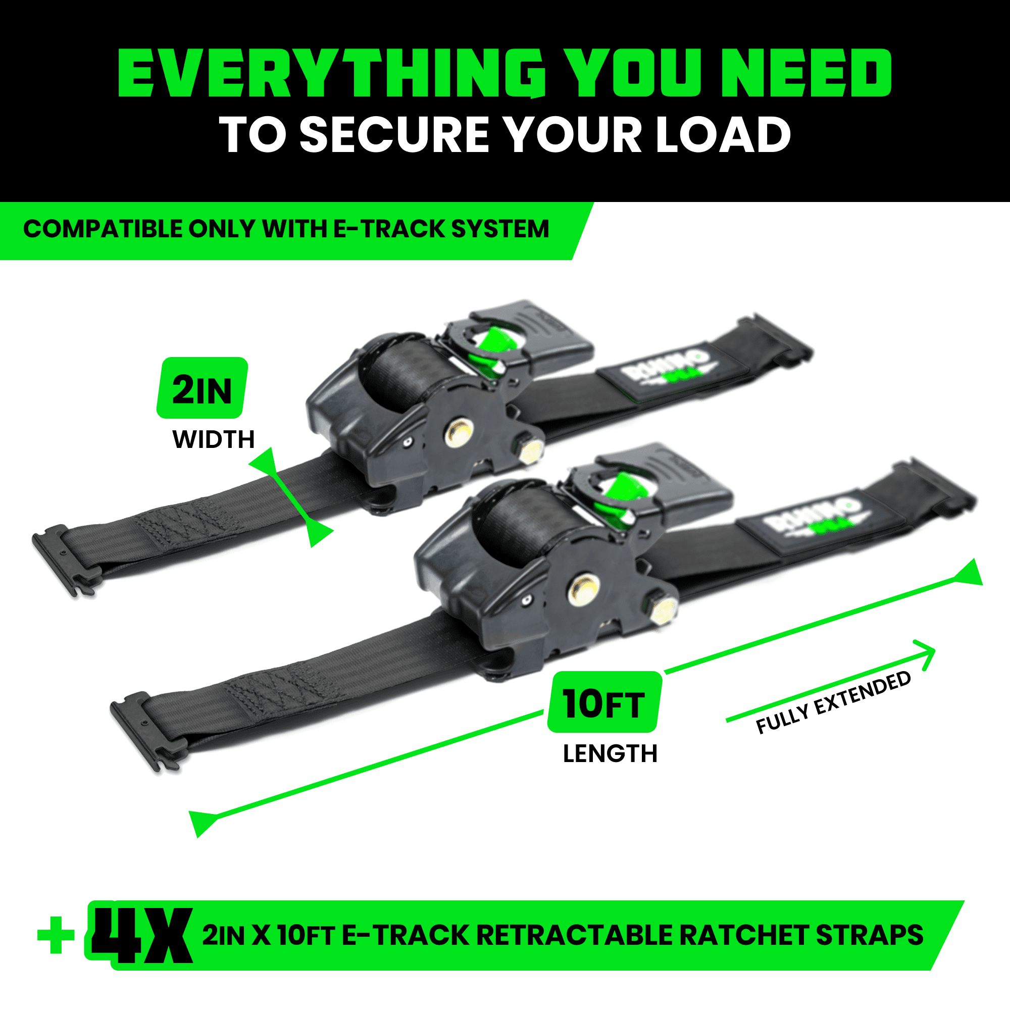Rhino USA 2" x 10' E Track Retractable Ratchet Tie Down Straps - 3033lb Break Strength (Black 4Pack)